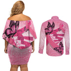 Australia Breast Cancer Awareness Month Couples Matching Off Shoulder Short Dress and Long Sleeve Button Shirt Pink Ribbon Mix Butterflies