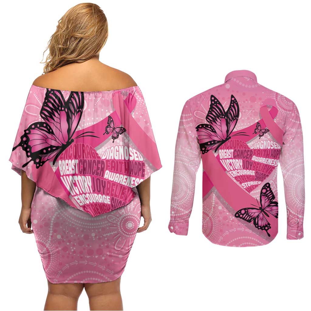 Australia Breast Cancer Awareness Month Couples Matching Off Shoulder Short Dress and Long Sleeve Button Shirt Pink Ribbon Mix Butterflies