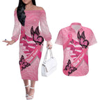 Australia Breast Cancer Awareness Month Couples Matching Off The Shoulder Long Sleeve Dress and Hawaiian Shirt Pink Ribbon Mix Butterflies