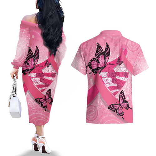 Australia Breast Cancer Awareness Month Couples Matching Off The Shoulder Long Sleeve Dress and Hawaiian Shirt Pink Ribbon Mix Butterflies