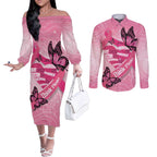 Australia Breast Cancer Awareness Month Couples Matching Off The Shoulder Long Sleeve Dress and Long Sleeve Button Shirt Pink Ribbon Mix Butterflies
