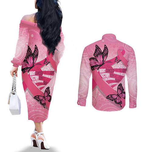 Australia Breast Cancer Awareness Month Couples Matching Off The Shoulder Long Sleeve Dress and Long Sleeve Button Shirt Pink Ribbon Mix Butterflies