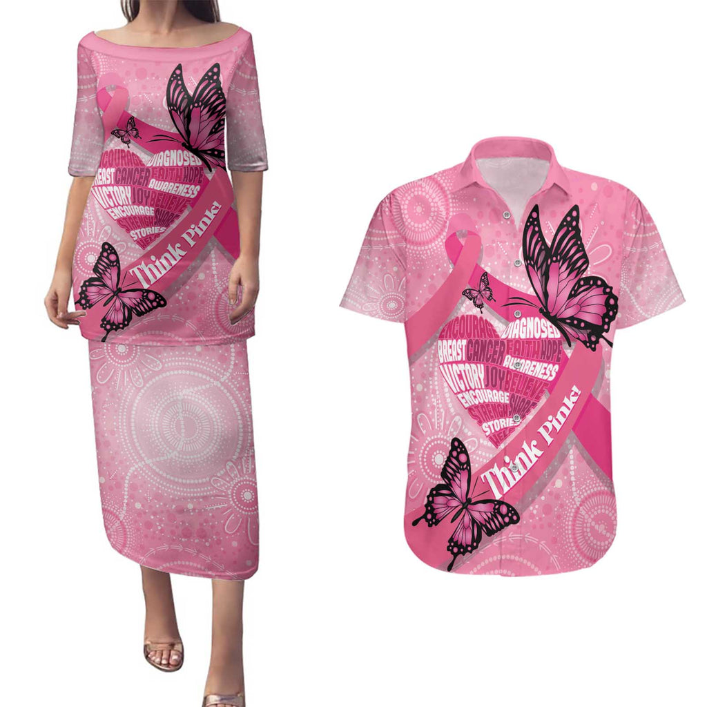 Australia Breast Cancer Awareness Month Couples Matching Puletasi and Hawaiian Shirt Pink Ribbon Mix Butterflies