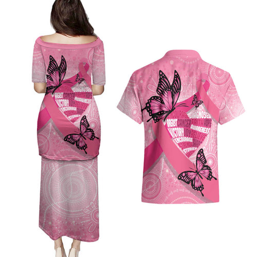 Australia Breast Cancer Awareness Month Couples Matching Puletasi and Hawaiian Shirt Pink Ribbon Mix Butterflies