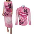 Australia Breast Cancer Awareness Month Couples Matching Puletasi and Long Sleeve Button Shirt Pink Ribbon Mix Butterflies