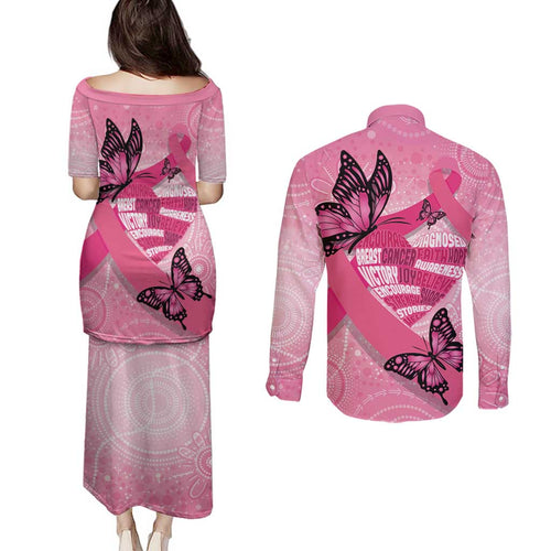 Australia Breast Cancer Awareness Month Couples Matching Puletasi and Long Sleeve Button Shirt Pink Ribbon Mix Butterflies