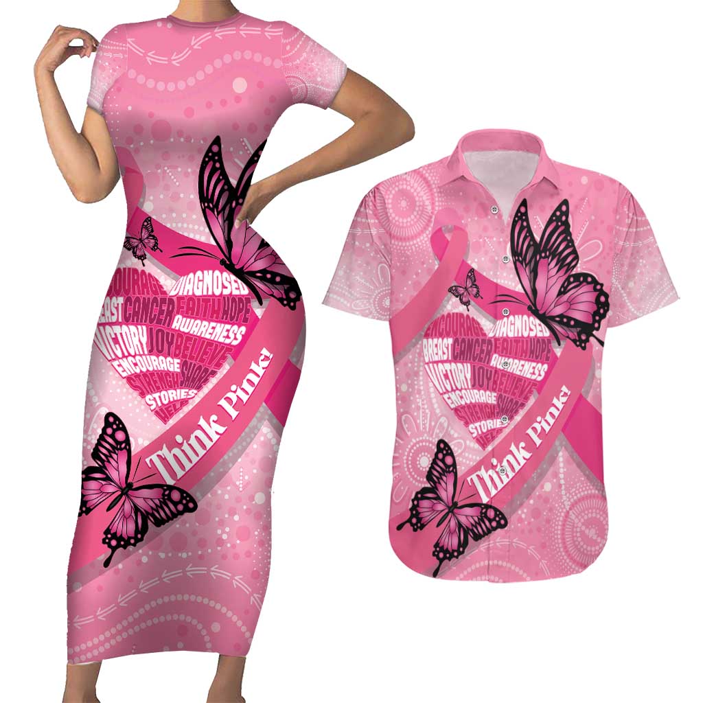 Australia Breast Cancer Awareness Month Couples Matching Short Sleeve Bodycon Dress and Hawaiian Shirt Pink Ribbon Mix Butterflies