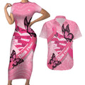 Australia Breast Cancer Awareness Month Couples Matching Short Sleeve Bodycon Dress and Hawaiian Shirt Pink Ribbon Mix Butterflies