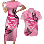 Australia Breast Cancer Awareness Month Couples Matching Short Sleeve Bodycon Dress and Hawaiian Shirt Pink Ribbon Mix Butterflies