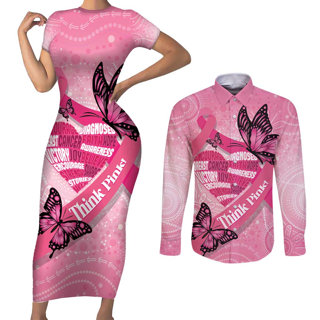 Australia Breast Cancer Awareness Month Couples Matching Short Sleeve Bodycon Dress and Long Sleeve Button Shirt Pink Ribbon Mix Butterflies