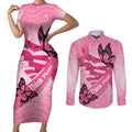 Australia Breast Cancer Awareness Month Couples Matching Short Sleeve Bodycon Dress and Long Sleeve Button Shirt Pink Ribbon Mix Butterflies