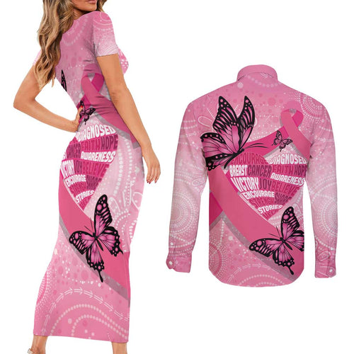 Australia Breast Cancer Awareness Month Couples Matching Short Sleeve Bodycon Dress and Long Sleeve Button Shirt Pink Ribbon Mix Butterflies