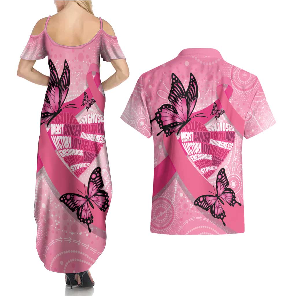 Australia Breast Cancer Awareness Month Couples Matching Summer Maxi Dress and Hawaiian Shirt Pink Ribbon Mix Butterflies