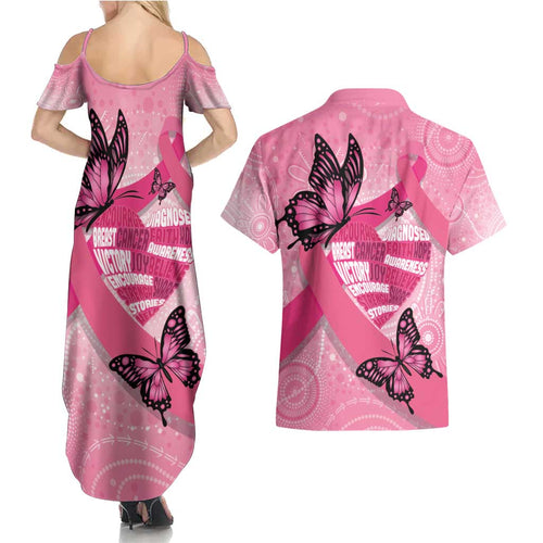 Australia Breast Cancer Awareness Month Couples Matching Summer Maxi Dress and Hawaiian Shirt Pink Ribbon Mix Butterflies