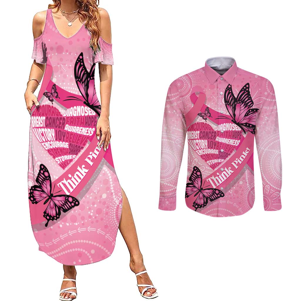 Australia Breast Cancer Awareness Month Couples Matching Summer Maxi Dress and Long Sleeve Button Shirt Pink Ribbon Mix Butterflies