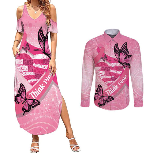 Australia Breast Cancer Awareness Month Couples Matching Summer Maxi Dress and Long Sleeve Button Shirt Pink Ribbon Mix Butterflies