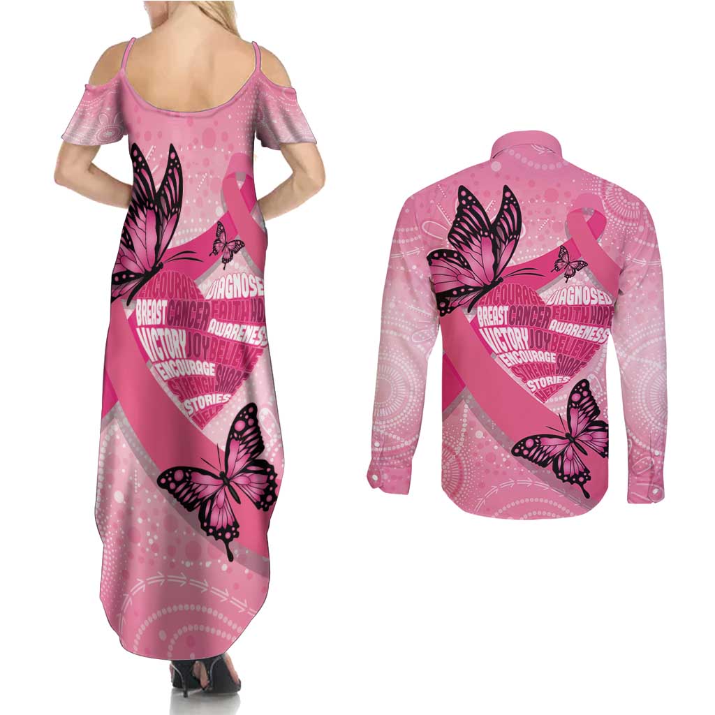 Australia Breast Cancer Awareness Month Couples Matching Summer Maxi Dress and Long Sleeve Button Shirt Pink Ribbon Mix Butterflies