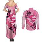 Australia Breast Cancer Awareness Month Couples Matching Summer Maxi Dress and Long Sleeve Button Shirt Pink Ribbon Mix Butterflies