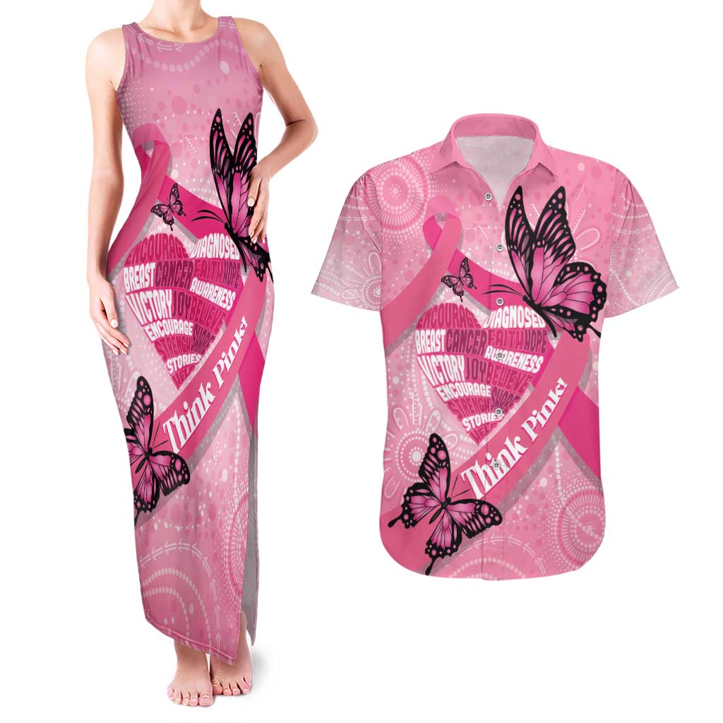 Australia Breast Cancer Awareness Month Couples Matching Tank Maxi Dress and Hawaiian Shirt Pink Ribbon Mix Butterflies