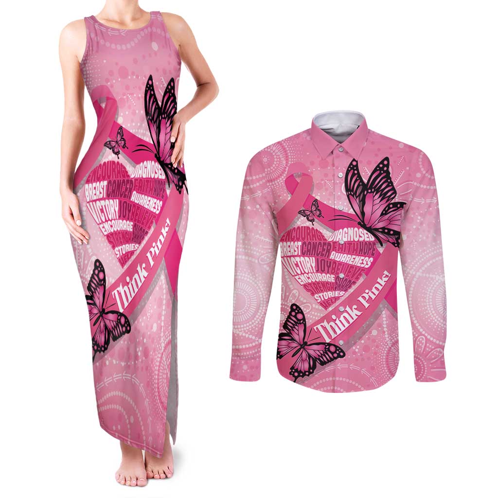 Australia Breast Cancer Awareness Month Couples Matching Tank Maxi Dress and Long Sleeve Button Shirt Pink Ribbon Mix Butterflies