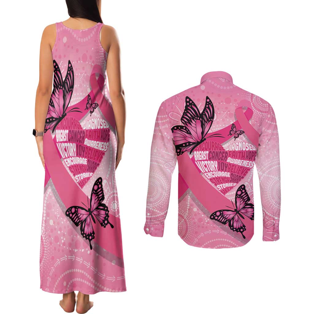 Australia Breast Cancer Awareness Month Couples Matching Tank Maxi Dress and Long Sleeve Button Shirt Pink Ribbon Mix Butterflies