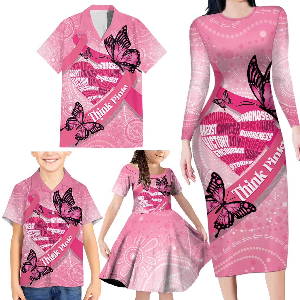 Australia Breast Cancer Awareness Month Family Matching Long Sleeve Bodycon Dress and Hawaiian Shirt Pink Ribbon Mix Butterflies