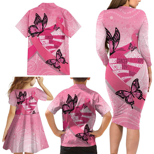 Australia Breast Cancer Awareness Month Family Matching Long Sleeve Bodycon Dress and Hawaiian Shirt Pink Ribbon Mix Butterflies