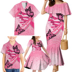 Australia Breast Cancer Awareness Month Family Matching Mermaid Dress and Hawaiian Shirt Pink Ribbon Mix Butterflies