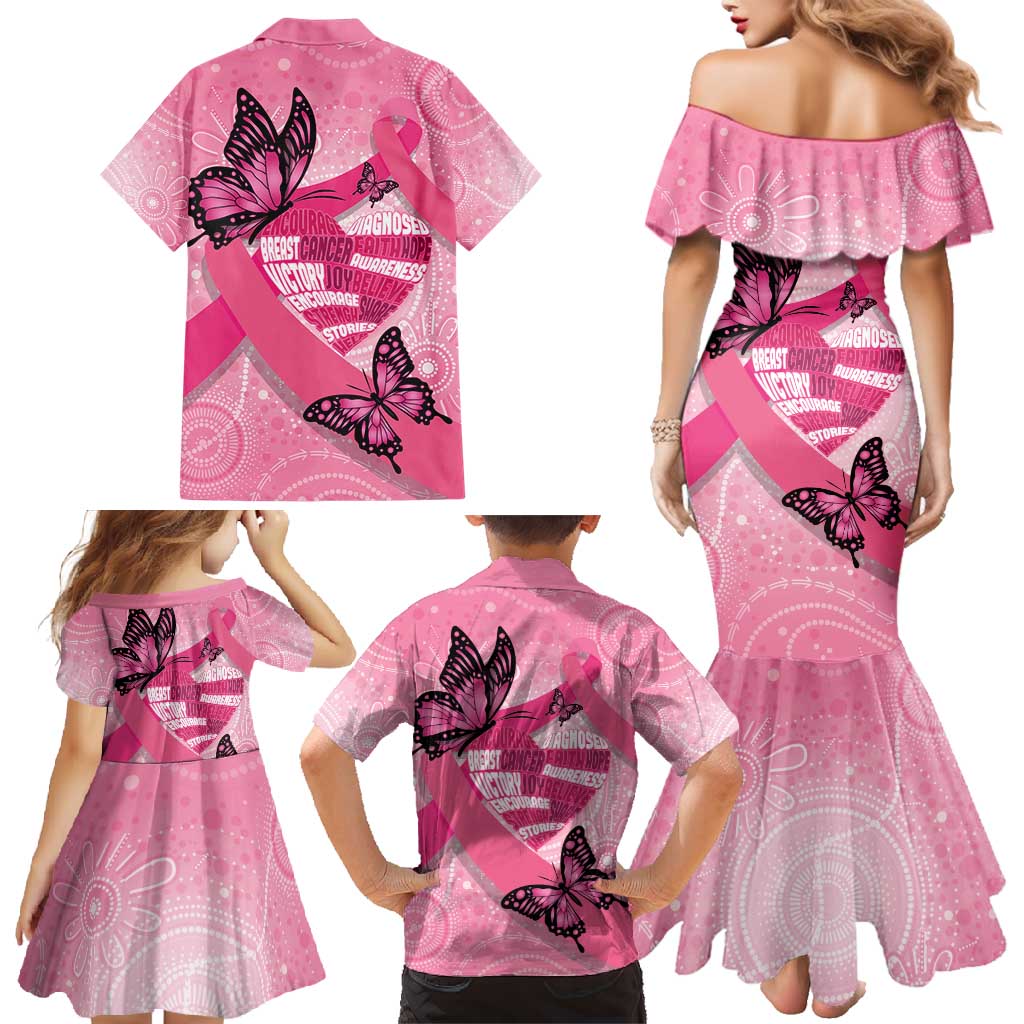 Australia Breast Cancer Awareness Month Family Matching Mermaid Dress and Hawaiian Shirt Pink Ribbon Mix Butterflies
