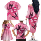 Australia Breast Cancer Awareness Month Family Matching Off The Shoulder Long Sleeve Dress and Hawaiian Shirt Pink Ribbon Mix Butterflies