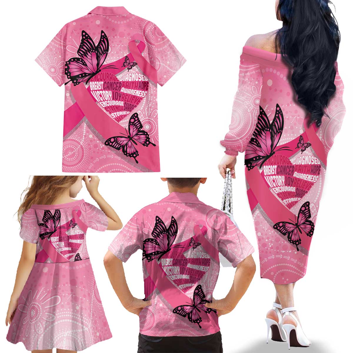 Australia Breast Cancer Awareness Month Family Matching Off The Shoulder Long Sleeve Dress and Hawaiian Shirt Pink Ribbon Mix Butterflies