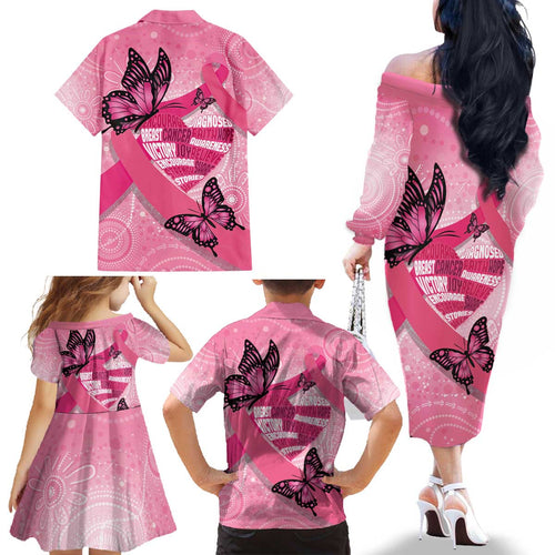 Australia Breast Cancer Awareness Month Family Matching Off The Shoulder Long Sleeve Dress and Hawaiian Shirt Pink Ribbon Mix Butterflies