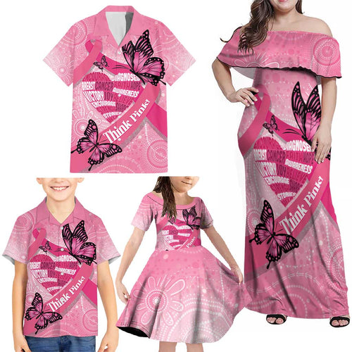 Australia Breast Cancer Awareness Month Family Matching Off Shoulder Maxi Dress and Hawaiian Shirt Pink Ribbon Mix Butterflies