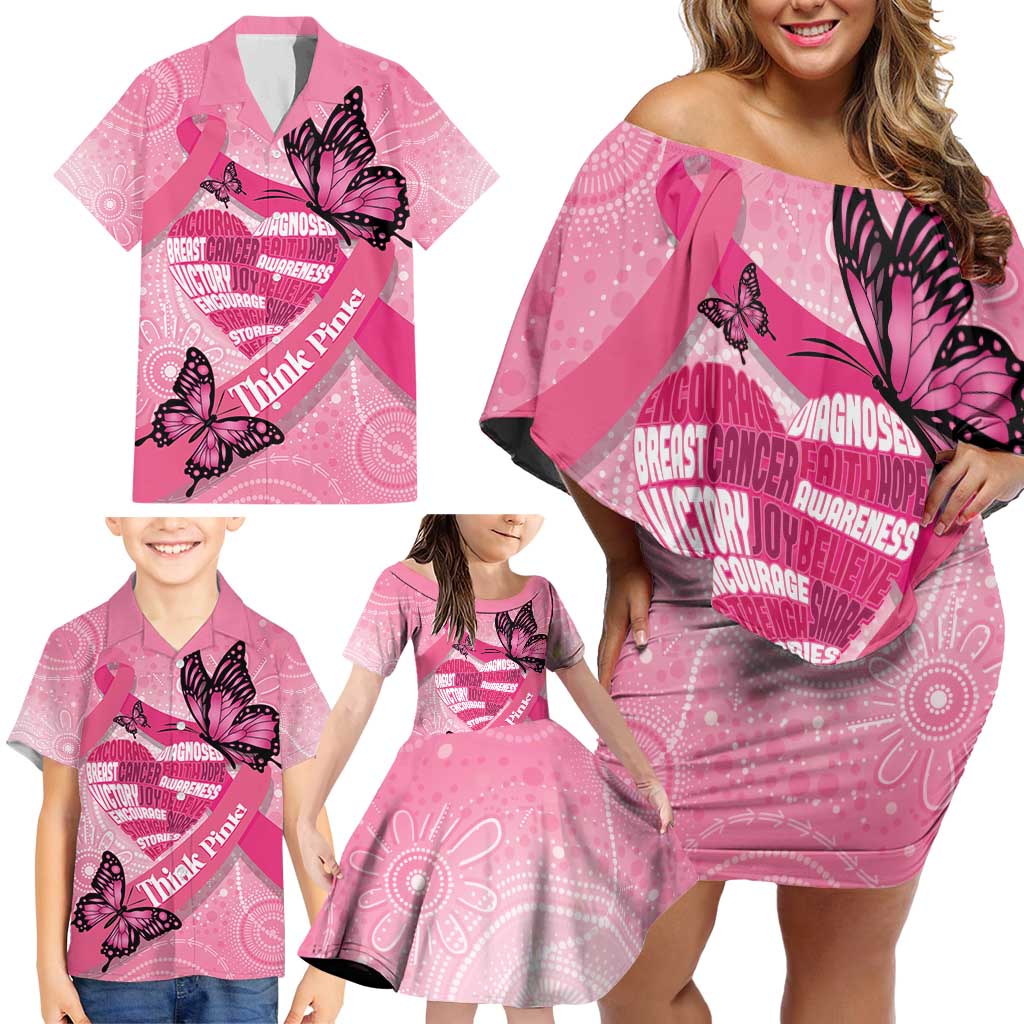 Australia Breast Cancer Awareness Month Family Matching Off Shoulder Short Dress and Hawaiian Shirt Pink Ribbon Mix Butterflies