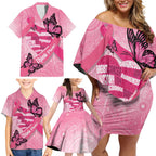 Australia Breast Cancer Awareness Month Family Matching Off Shoulder Short Dress and Hawaiian Shirt Pink Ribbon Mix Butterflies