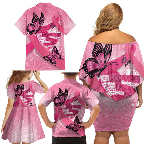 Australia Breast Cancer Awareness Month Family Matching Off Shoulder Short Dress and Hawaiian Shirt Pink Ribbon Mix Butterflies