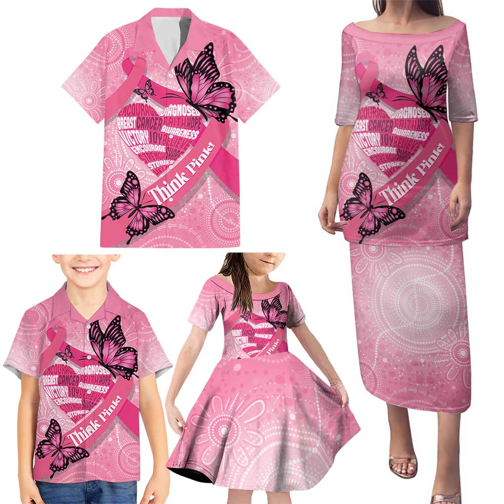 Australia Breast Cancer Awareness Month Family Matching Puletasi and Hawaiian Shirt Pink Ribbon Mix Butterflies