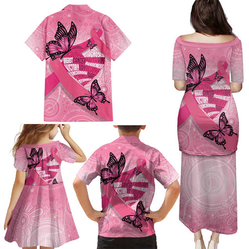 Australia Breast Cancer Awareness Month Family Matching Puletasi and Hawaiian Shirt Pink Ribbon Mix Butterflies