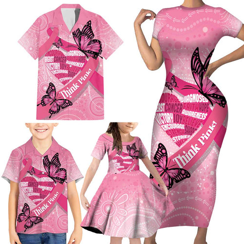 Australia Breast Cancer Awareness Month Family Matching Short Sleeve Bodycon Dress and Hawaiian Shirt Pink Ribbon Mix Butterflies