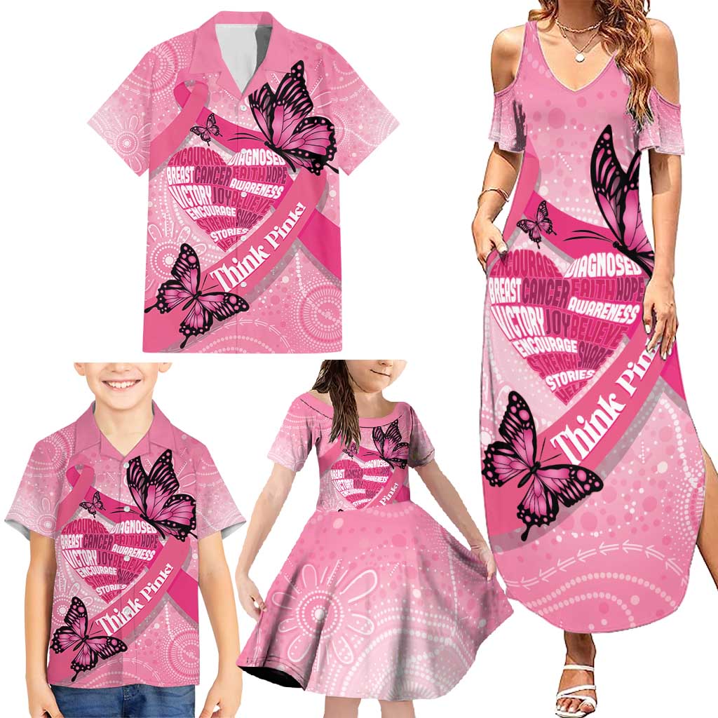 Australia Breast Cancer Awareness Month Family Matching Summer Maxi Dress and Hawaiian Shirt Pink Ribbon Mix Butterflies