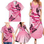 Australia Breast Cancer Awareness Month Family Matching Summer Maxi Dress and Hawaiian Shirt Pink Ribbon Mix Butterflies
