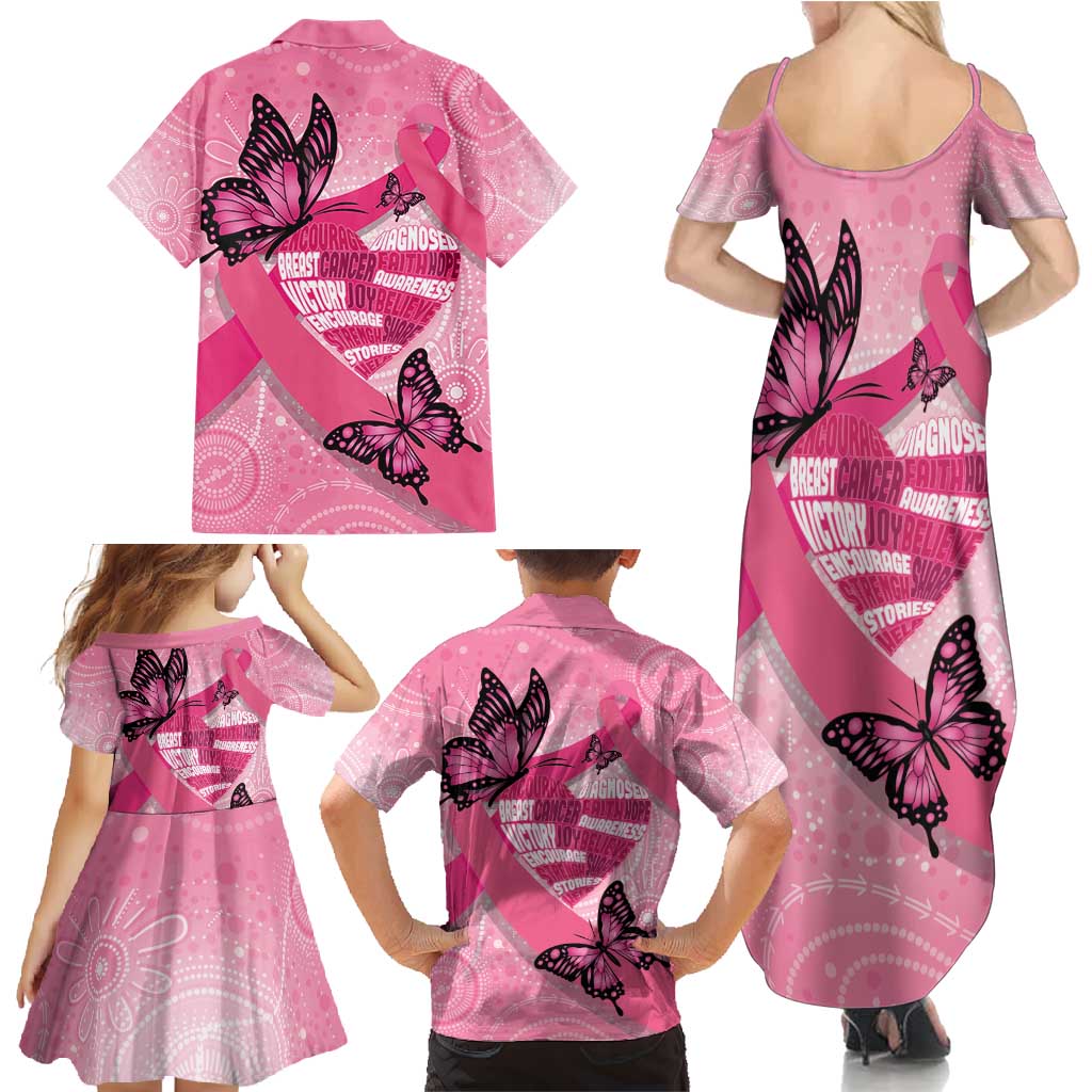 Australia Breast Cancer Awareness Month Family Matching Summer Maxi Dress and Hawaiian Shirt Pink Ribbon Mix Butterflies