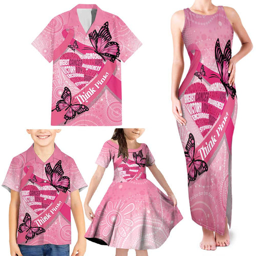 Australia Breast Cancer Awareness Month Family Matching Tank Maxi Dress and Hawaiian Shirt Pink Ribbon Mix Butterflies