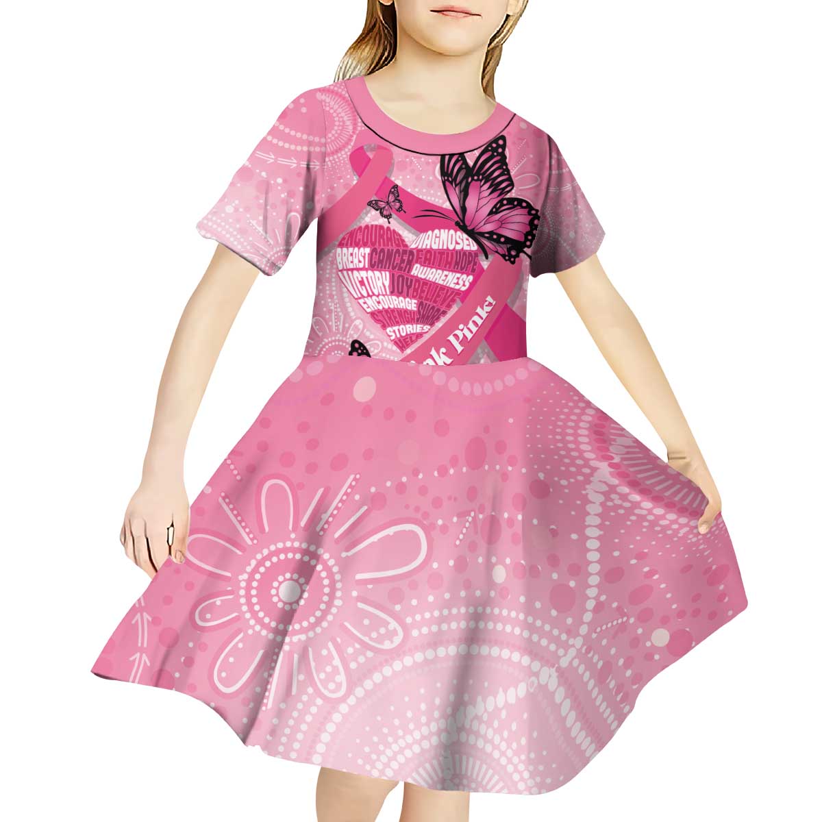 Australia Breast Cancer Awareness Month Kid Short Sleeve Dress Pink Ribbon Mix Butterflies