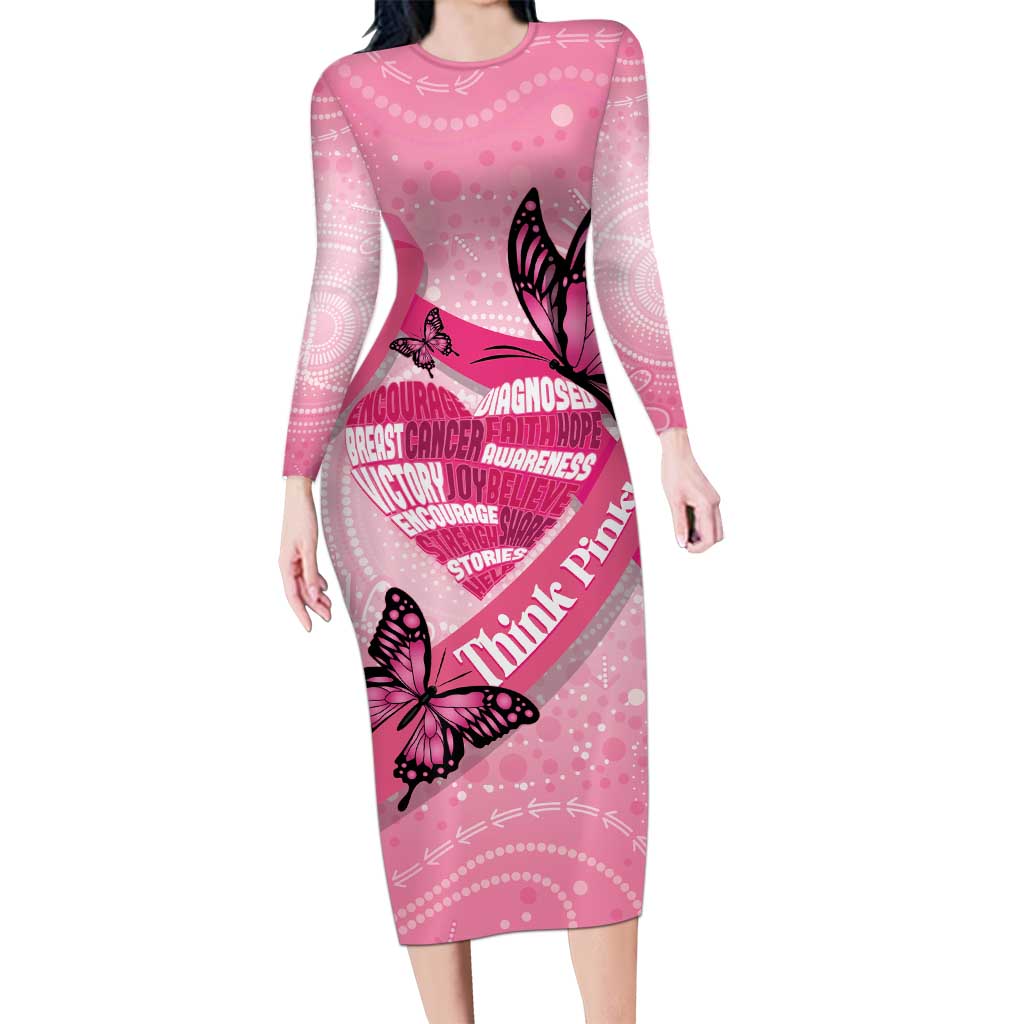 Australia Breast Cancer Awareness Month Long Sleeve Bodycon Dress Pink Ribbon Mix Butterflies