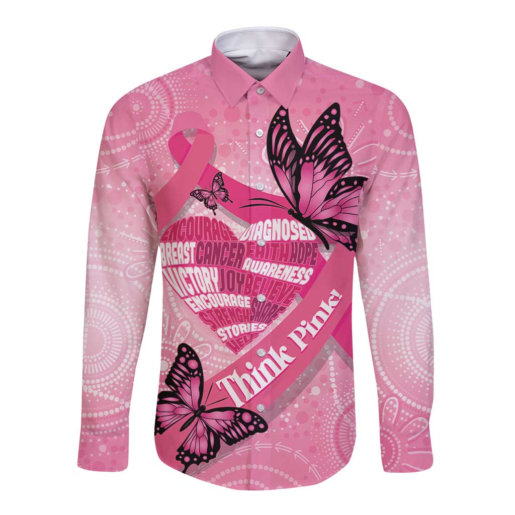 Australia Breast Cancer Awareness Month Long Sleeve Button Shirt Pink Ribbon Mix Butterflies