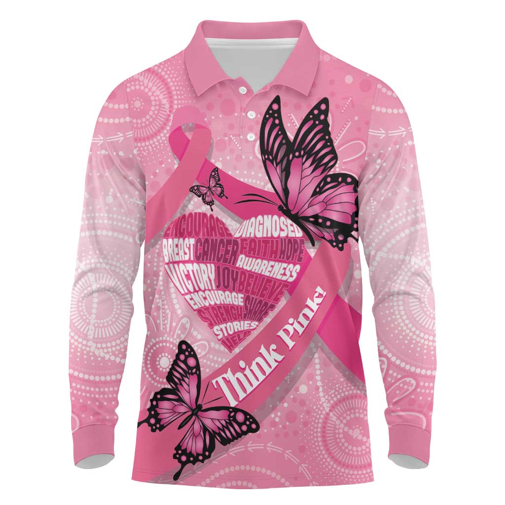 Australia Breast Cancer Awareness Month Long Sleeve Polo Shirt Pink Ribbon Mix Butterflies