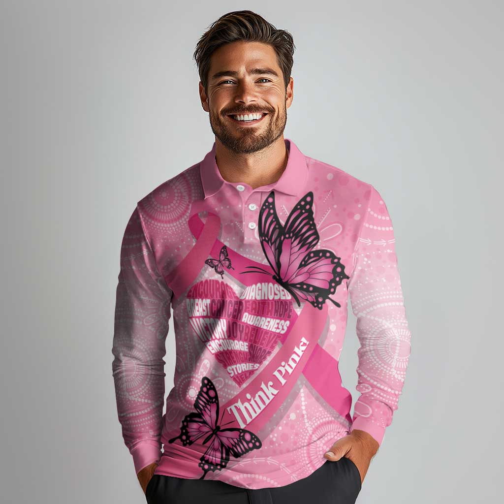Australia Breast Cancer Awareness Month Long Sleeve Polo Shirt Pink Ribbon Mix Butterflies
