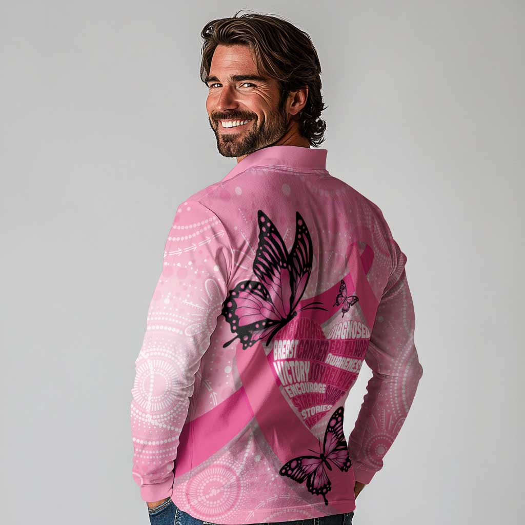 Australia Breast Cancer Awareness Month Long Sleeve Polo Shirt Pink Ribbon Mix Butterflies