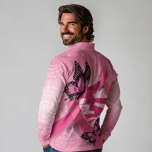 Australia Breast Cancer Awareness Month Long Sleeve Polo Shirt Pink Ribbon Mix Butterflies